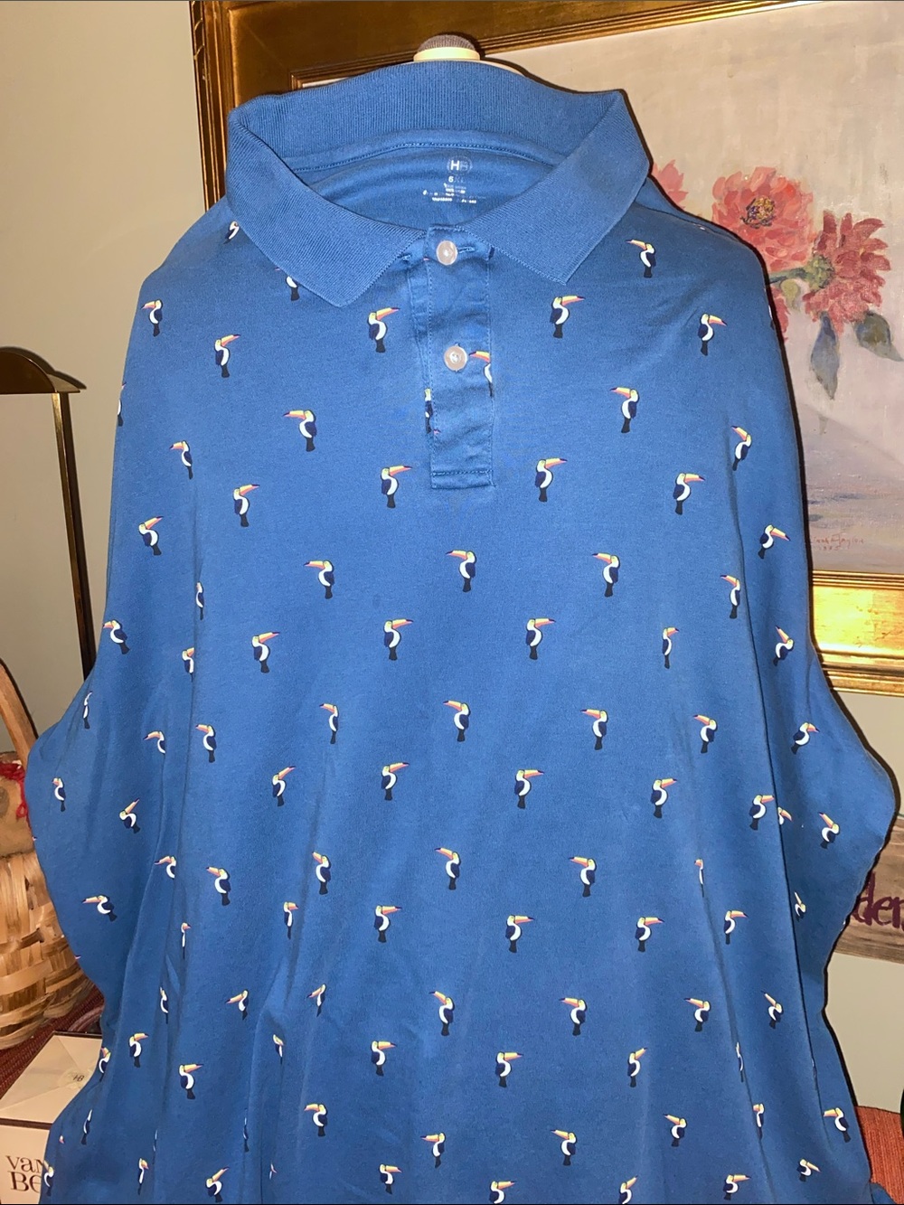 HB Men’s Blue Polo Short Sleeve Shirt with a toucan pattern print - SZ 5 XL
